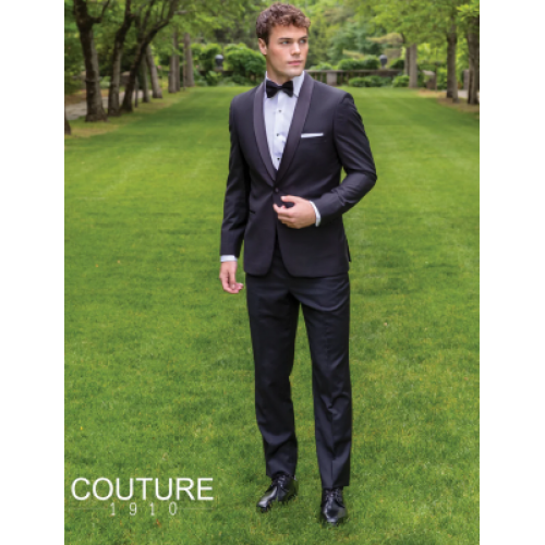 Couture 1910 Stretch 1-Button Black with Black Shawl Lapel Coat and Contrasting Black Pants